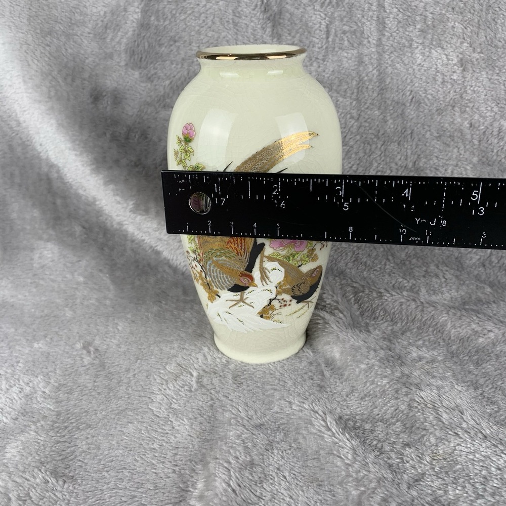 Vintage Vase Handpainted With Gold Leaf Pheasants Made In Japan Crazing - Picture 14 of 14